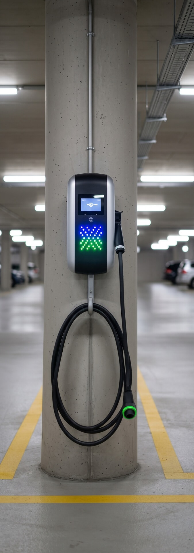 Kapalı otoparkta elektrikli araç şarj istasyonunu temsil eden görsel