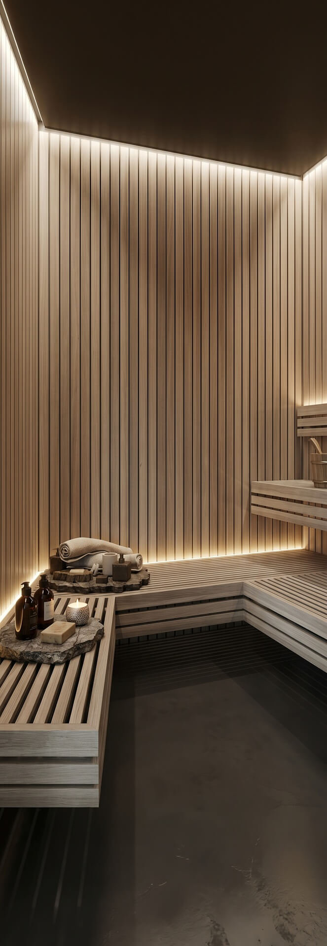 Ahşap oturma alanlarıyla sauna iç mekânını temsil eden görsel