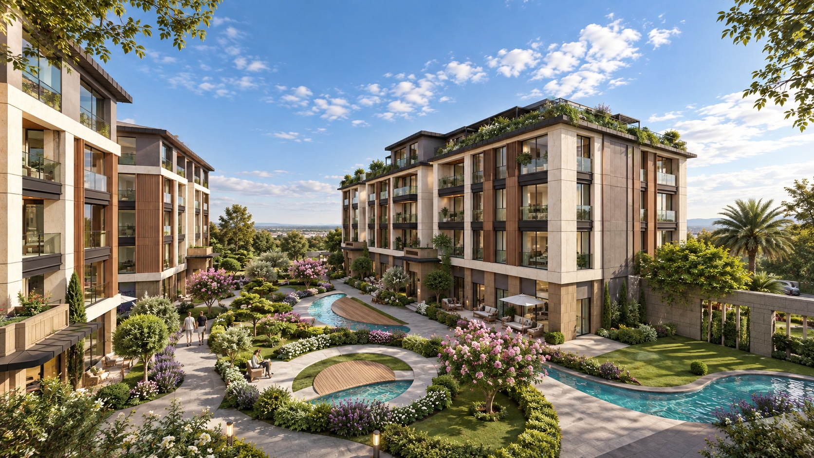 Yeni Koru terasları ve peyzajını gösteren geniş açı dış cephe renderı