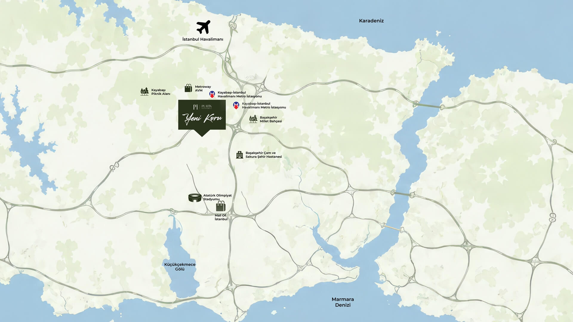 Yeni Koru ve çevresindeki metro, hastane, parklar, alışveriş merkezleri, stadyum ve İstanbul Havalimanı haritası
